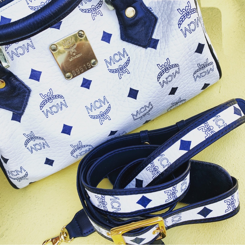 MCM vintage visetos boston crossbody bag white blue OS